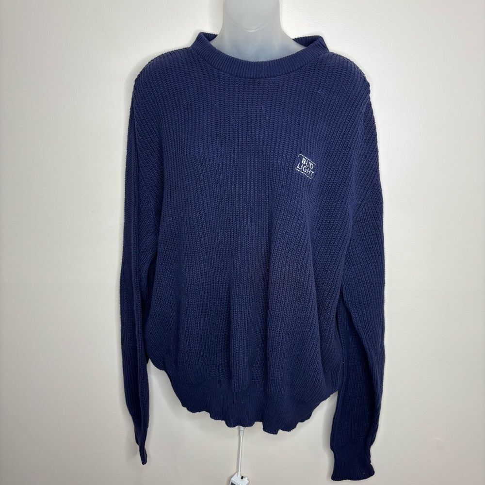 Vintage 90s Bud Light Logo front knit navy blue pullover sweater size XL y2k
